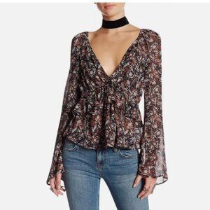 Free People Uptown Floral Bell Sleeve Blouse black motif Size Small